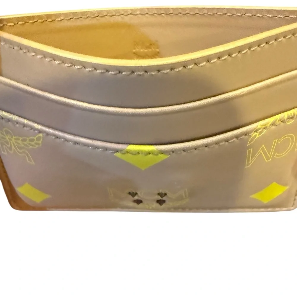 MCM Beige and Neon Yellow Leather Card Holder